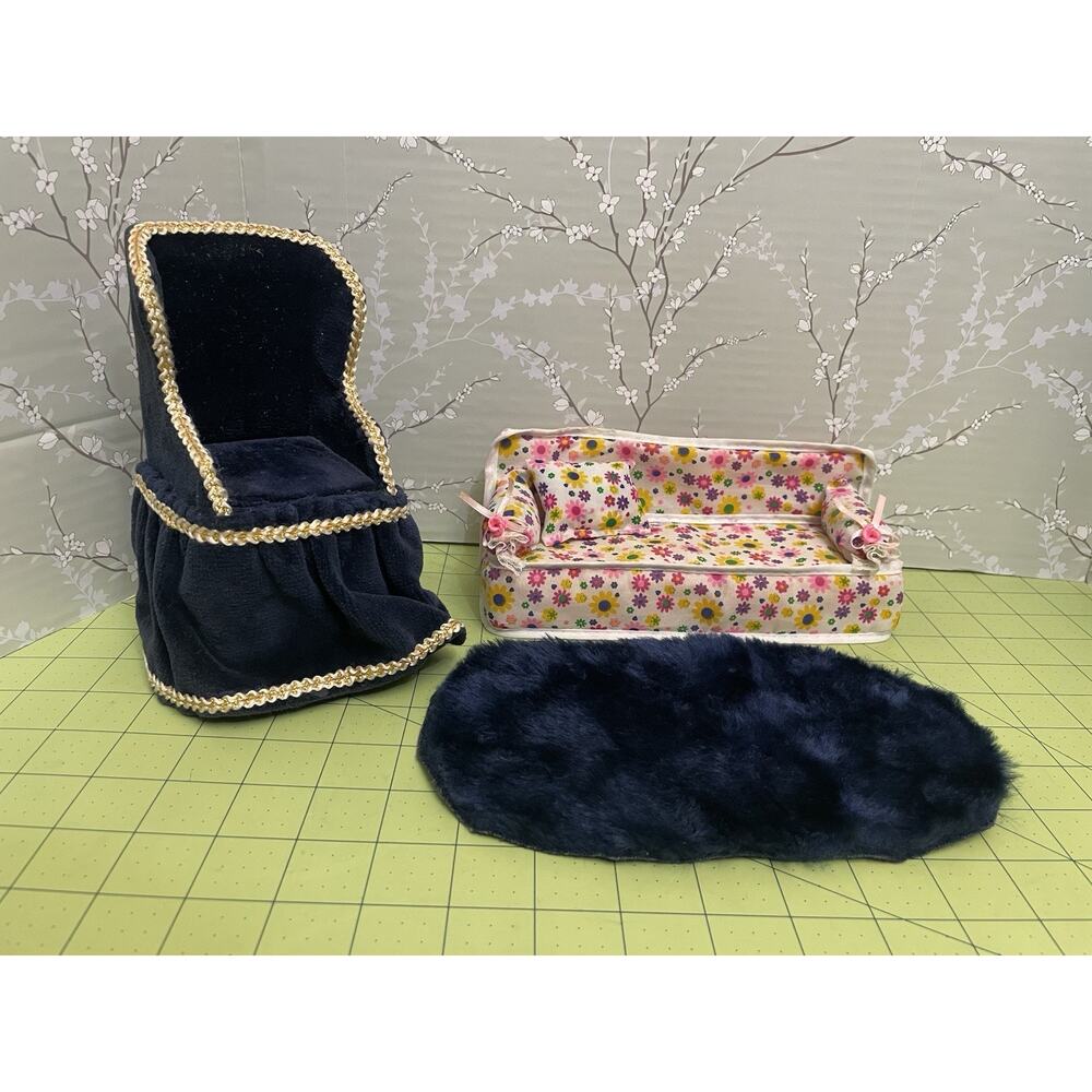 Vintage Handmade Barbie Sized Living Room Furniture Couch Pillow Chair Rug